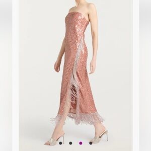 cinq a sept Rose Gold Sequin Strapless Midi Dress with Fringe